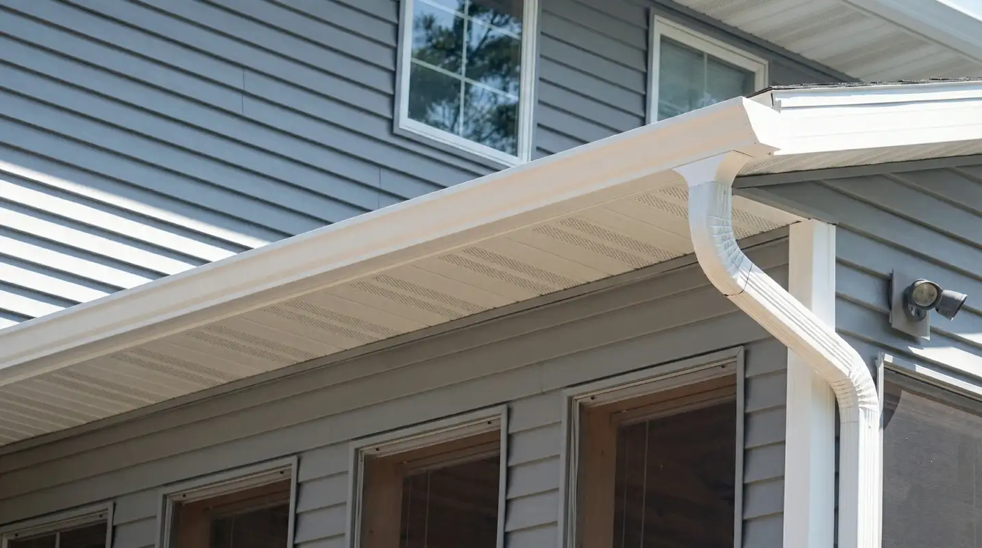 Professional home remodeling project showing newly installed white seamless gutters and downspouts on a house with gray siding in Nashville, TN