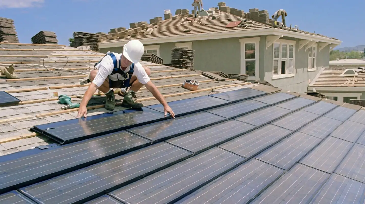 Roof replacement expert installing modern solar shingles on a residential home in Nashville, TN
