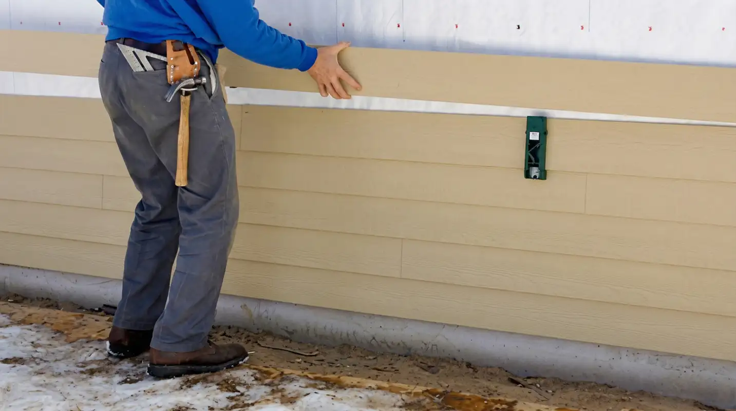 Siding replacement expert carefully aligning a new tan siding panel onto a residential exterior wall in Nashville, TN