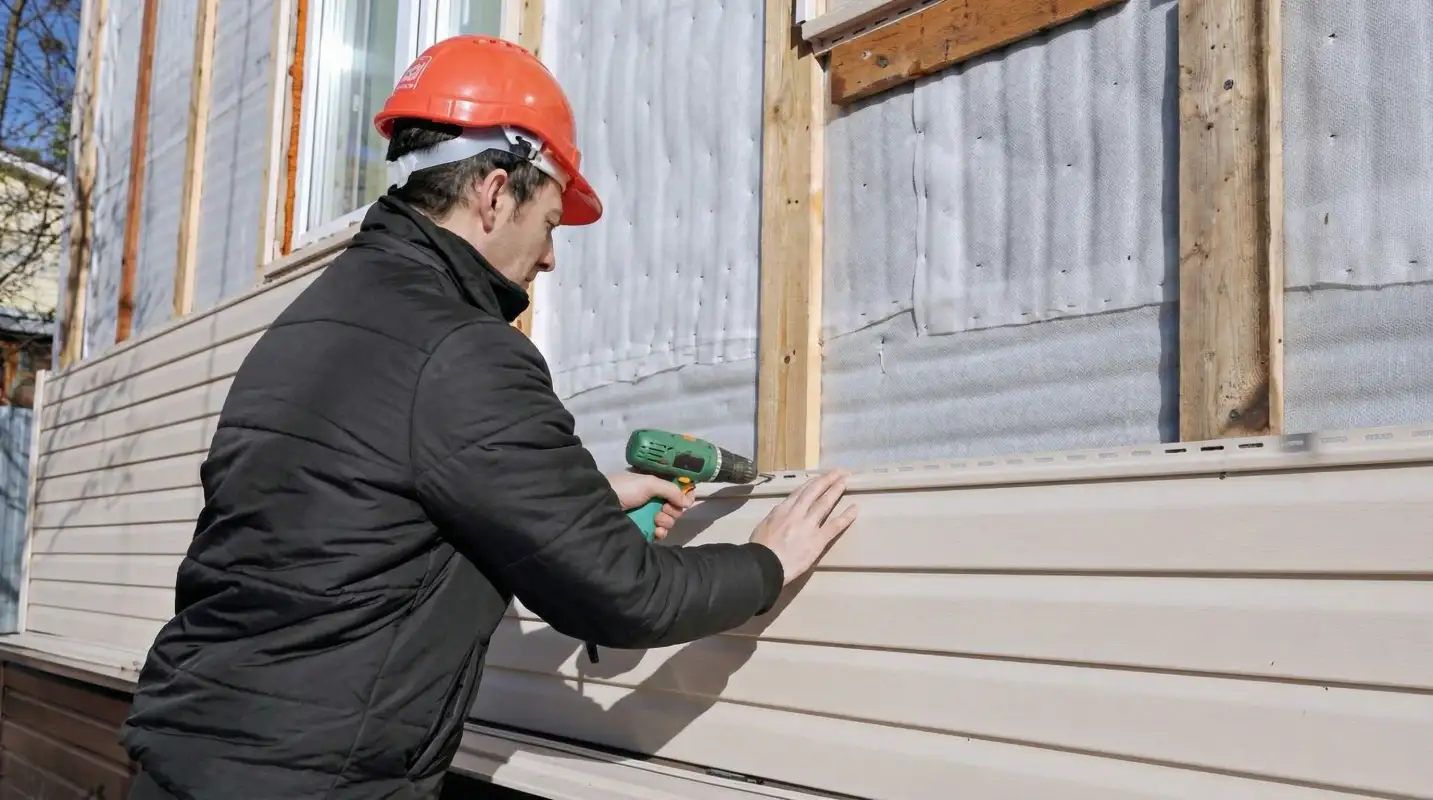 Siding replacement professional using a power drill to install new tan vinyl siding on a home exterior in Nashville, TN
