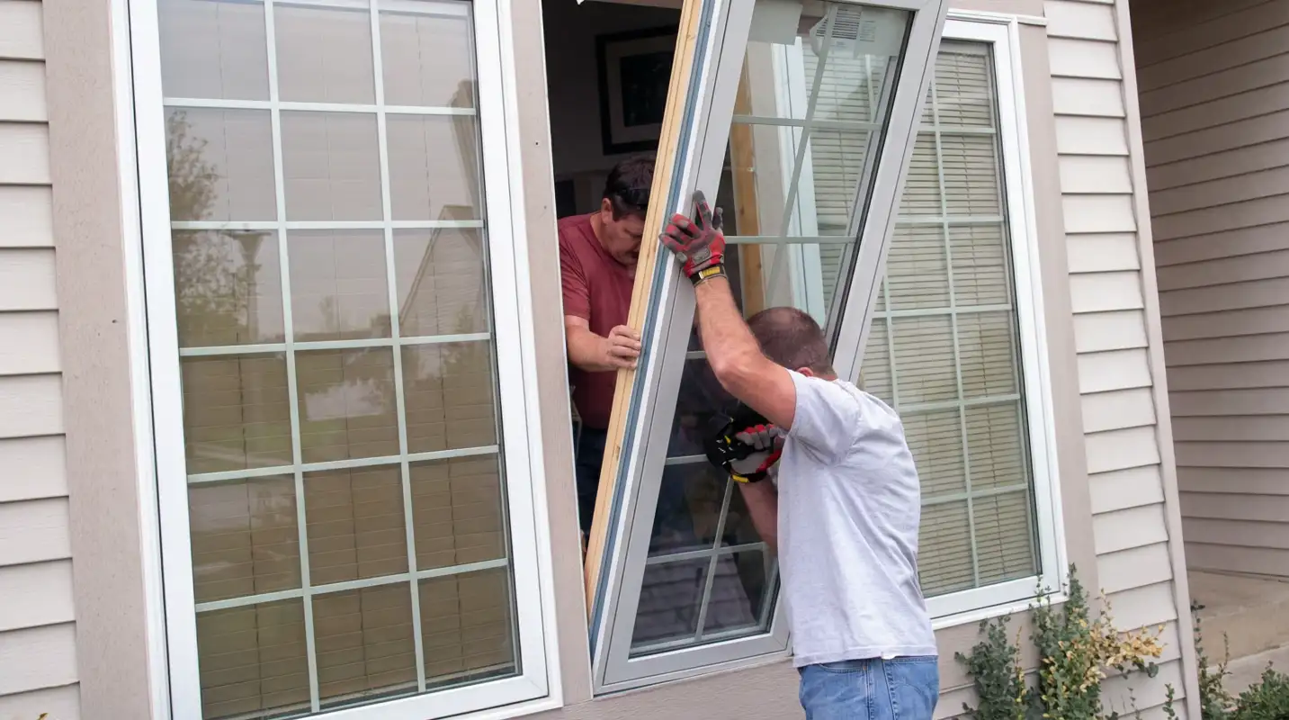 Professional home remodeling team installing a large replacement window on a house with tan siding in Nashville, TN